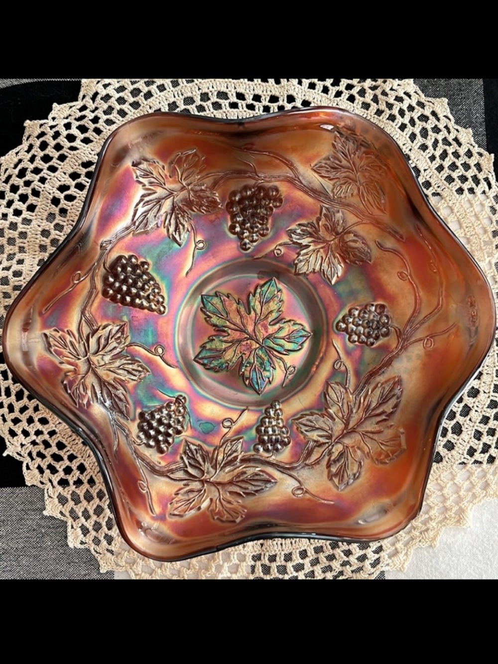 Fenton Carnival Glass Ruffled Bowl – Grape & Leaf Pattern